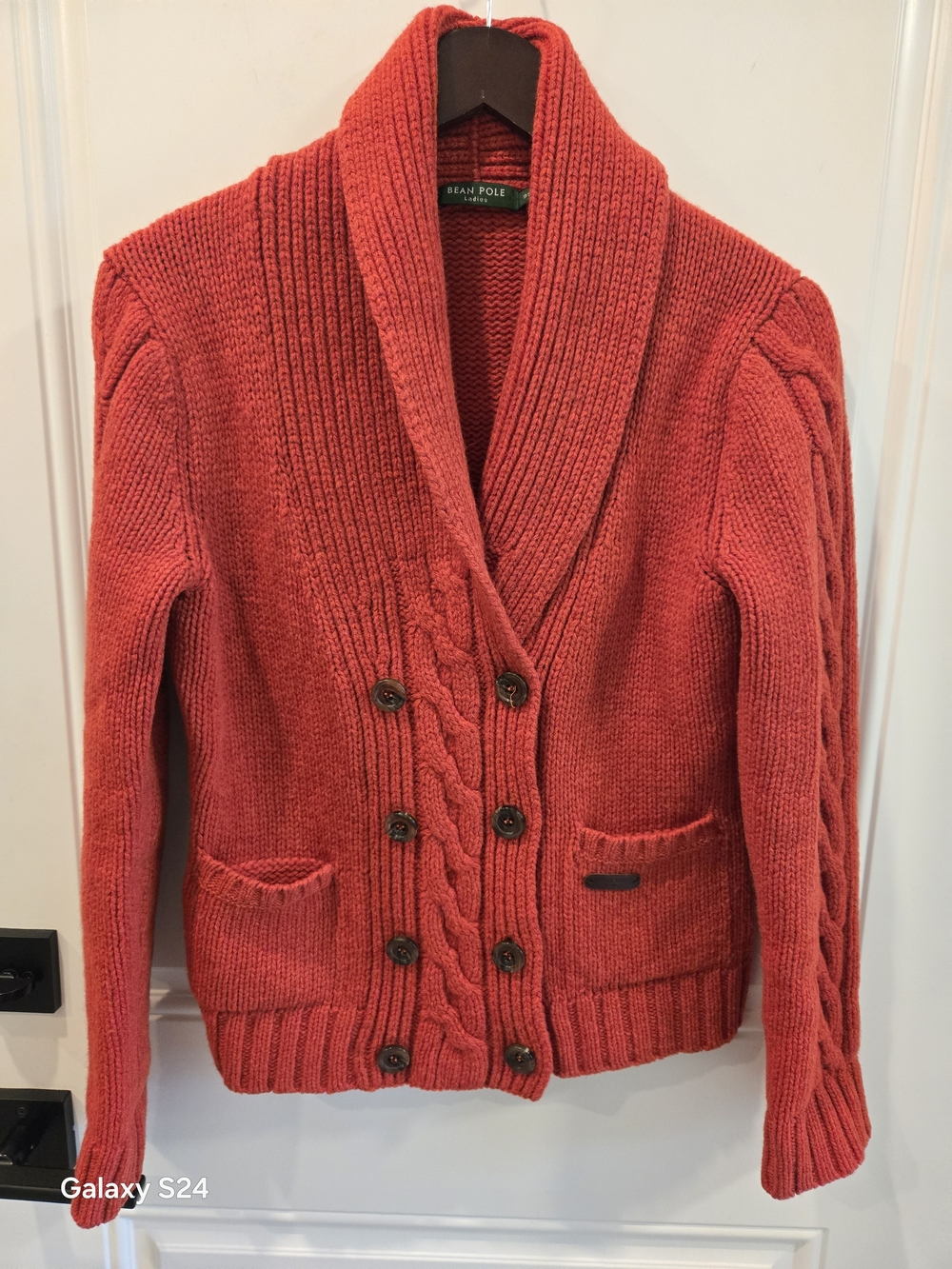 Red Shawl-Collar Cable Cardigan Sweater